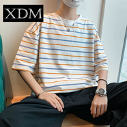 熊迪明純棉短袖T恤男韓版潮流夏季ins港風(fēng)寬松條紋五分袖學(xué)生半截袖百搭 白色 【純棉】 XL 135-150斤