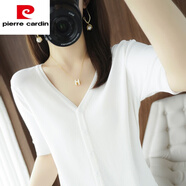 皮爾卡丹（pierre cardin）冰絲短,袖女2025新款夏季韓版修身v領針織衫薄款開衫半袖上衣女 白色 XL