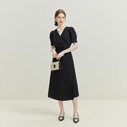 范思藍恩夏季法式氣質(zhì)V領(lǐng)連衣裙女夏季新款收腰顯瘦裙子優(yōu)雅清新穿搭 黑色 L