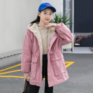 允橘童裝女童外套冬季適合8-15歲小孩子穿的新款中大童兒童女孩棉衣 粉色加絨 170建議身高165左右