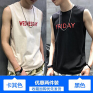 出闊背心男純棉夏季外穿寬肩潮流寬松休閑運(yùn)動(dòng)健身跨欄坎肩無(wú)袖t恤男 卡其色+黑色 （2件裝） XL （建議131斤-145斤）