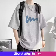 嘉曄短袖T恤新款圓領(lǐng)印花男女寬松ins休閑學(xué)生上衣港風(fēng)五分袖寬松短袖 kpT46淺灰色 8XL