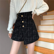 婷婉美短褲女秋冬季外穿裙褲百搭顯瘦高腰2020新款秋款冬天字闊腿褲裙 01款黑色 2XL 建議125-140斤