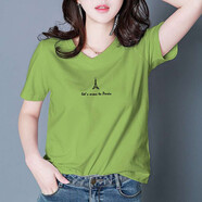 登森奧奧純棉短袖t恤女2024春夏女裝新款韓版寬松V領(lǐng)T恤休閑印花上衣 果綠色V領(lǐng)-鐵塔 L 建議105-115斤