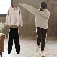 花菈貓童裝女童套裝春款2022新款網(wǎng)紅小女孩兒童加絨裝運動(dòng)休閑長(cháng)袖衛衣套裝大童女裝4-15歲女孩秋季 NG連帽衛衣套裝 米色春秋款 170(建議身高160左右)