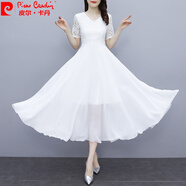皮爾卡丹（pierre cardin）白色超仙蕾絲連衣裙女夏新款短袖收腰氣質(zhì)長(cháng)裙領(lǐng)雪紡大擺沙灘裙針 白色  M