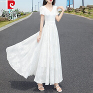 皮爾卡丹2024夏季新款超仙時尚白色真絲桑蠶絲連衣裙修身顯瘦大擺長裙 白色 4XL