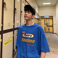 軒萊雅 男生短袖T恤夏裝潮流嘻哈寬松五分袖字母印花半袖衣服街舞大碼男生中袖班服  T013藍色 3XL