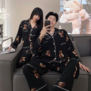 蕭淑妃 春秋季新款薄款冰絲綢開衫情侶睡衣休閑可外穿可愛卡通米奇仿真絲長袖長褲家居服套裝 毛毛熊 女生M碼
