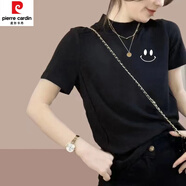 皮爾卡丹（pierre cardin）灰色半高領(lǐng)短袖t恤女純·棉夏季打底衫歐貨半袖上衣寬松體恤衫ins 黑色-小笑臉 2XL