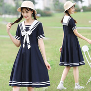 方糖姑娘海軍風(fēng)連衣裙學(xué)院風(fēng)水手服少女高中初中學(xué)生夏裝海軍領(lǐng)日系jk裙子 202105LX藏青色 M