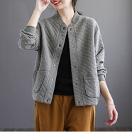 霏楚秋冬款文藝復(fù)古菱形格夾棉加厚開(kāi)衫短款外套女士時(shí)尚休閑寬松外套 深卡其布色 L 【建議120-150斤】