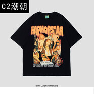 C2潮朝ins歐美嘻哈人像印花短袖T恤男潮牌高街寬松oversize休閑半袖體恤 黑色 L