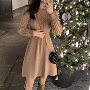 燕潯連衣裙女秋冬新款2025女裝小個子加厚保暖毛衣裙中長款針織裙子女 卡其色 均碼 建議85-135斤