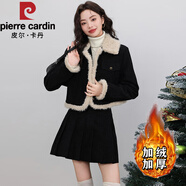 皮爾卡丹（pierre cardin）加絨加厚氣質(zhì)時尚兩件套2025新款毛領(lǐng)外套半身裙套裝女 黑色短款 M【100-110斤】