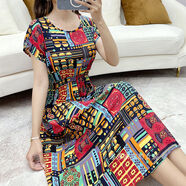 索宛亦（SUOWANYI）棉綢碎花短袖裙波西米亞沙灘裙連衣裙夏人棉海邊渡假裙綿綢裙子 D12西域七彩 M (80-100)斤