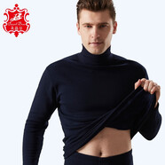 水晶豆 男士高領(lǐng)保暖內衣套裝中老年人加絨加厚女中領(lǐng)棉毛衫褲大碼老人秋衣秋褲冬季 男高領(lǐng)-深蘭 2XL【此為套裝，加絨保暖】