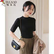 啄木鳥(niǎo)打底衫女中袖秋季半高領(lǐng)五分袖正肩顯瘦內搭半袖上衣 黑色 XL