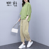 姍樸 大碼女裝時(shí)尚休閑套裝韓版夏季新款寬松顯瘦胖妹妹遮肚子藏肉減齡洋氣港味微胖mm時(shí)髦氣質(zhì)套裝兩件套 5036Y#綠色上衣+5037K#卡其褲子 3XL【建議140-160斤】