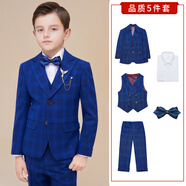 ELPA兒童西服套裝男童小西裝外套中大童花童禮服男孩格子鋼琴演出服裝 藍格子5件套：3件套+襯衫+領(lǐng)結(jié) 160碼 身高150-160cm 重92-100