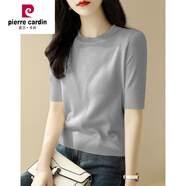 皮爾卡丹（pierre cardin）高級法式半高領(lǐng)短款t恤上衣女夏季2024新款短袖冰絲針織打底衫薄 淺灰色 針織面料 M 建議80-110斤