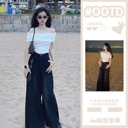 KXGLCJ露肩上衣女性感高檔2024年一字肩抹胸T恤氣質(zhì)辣妹美式高街套裝大 【兩件套】牛仔褲+一字肩氣 S