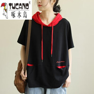 啄木鳥(niǎo)棉夏裝新款帶帽短袖衛衣女t恤洋氣寬松休閑大尺碼遮肚子撞色 黑色 L 建議100~120斤