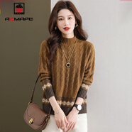 AEMAPE新年戰袍半高領(lǐng)復古麻花毛衣女2025春秋冬季新款提花內搭針織衫女 MX-7221_駝色 M 建議95-105斤