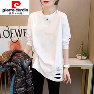 皮爾卡丹秋冬新款純棉加絨長(cháng)袖T恤女拼接中長(cháng)款寬松顯瘦白色破洞上衣ins潮 白色（不加絨款） L 116-130斤