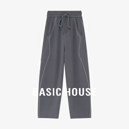 Basic House/百家好休閑百搭條紋撞色設(shè)計(jì)感秋季寬松抽繩直筒褲女 深灰 S 85-100斤
