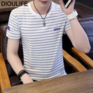 DIOULIFE夏季男裝短袖T恤男士圓領(lǐng)條紋半袖夏天男生冰絲t恤衣服男夏裝潮流 月蘭 M