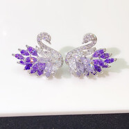 BOMP鑲老鳳凰金店款大鋯石天鵝耳釘韓國氣質(zhì)清新耳環(huán)小鴨子耳飾防過(guò)敏 紫漸變