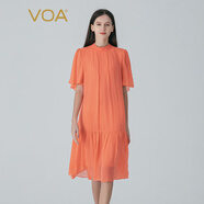 VOA喬其桑蠶絲立領(lǐng)短袖直筒寬松腰真絲連衣裙小香風(fēng)娃娃裙 AE1895 浣溪紗-柚橙（F50） 2XL