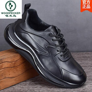 啄木鳥(niǎo)男鞋真皮厚底黑色透氣運動(dòng)鞋男系帶減震氣墊底頭層牛皮休閑跑步鞋 黑色 標準皮鞋碼 41