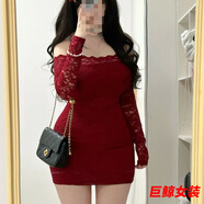 tromlfz大碼300斤性感一字肩蕾絲長(cháng)袖連衣裙女裝春季胖mm修身顯瘦包臀裙 酒紅色 2XL 建議150-200斤