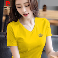 皮爾卡丹95棉刺繡打底衫2026新款春夏V領(lǐng)短袖t恤女韓版百搭上衣大碼體恤 O【C2款 V領(lǐng)短袖】皇冠.黃色 L 95-105