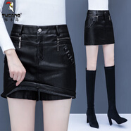 啄木鳥(niǎo)2025秋冬新款高腰休閑皮褲裙韓版修身大尺碼PU皮裙褲女假兩套皮短 黑色 6086 3XL 135-145斤