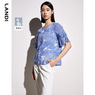 LANDI桑蠶絲圓領(lǐng)短袖綁帶套頭襯衫女夏季新款真絲上衣 花色 S