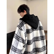 POUM小香風(fēng)黑白格子男士春季外套男女同款假兩件上衣服連帽夾克男裝 SXM-J03黑色 XL 【身高175-180體重130-145】