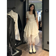 世希微胖方領(lǐng)裙子高級設(shè)計感不規(guī)則連衣裙女2025夏季法式復(fù)古茶歇長裙 杏色連衣裙 XL