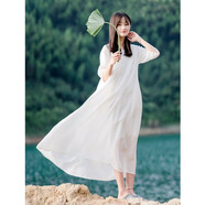 知筆墨夏苧麻白色風(fēng)琴褶文藝連衣裙女寬松圓領(lǐng)七分袖仙女長(zhǎng)裙 白色 均碼