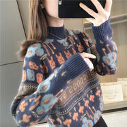 KAHTOP2025秋冬新款歐美風女裝毛衣中高領洋氣提花慵懶風套頭針織衫LDS 藏青色 S