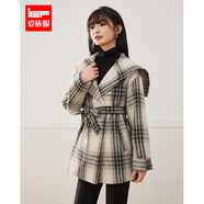 IEF/愛依服毛呢大衣女2024秋冬新款優(yōu)雅氣質(zhì)復(fù)古格子外套 黑灰格 L