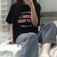 她風采 棉夏季新款BF風短袖T恤女學生裝韓版寬松百搭ins半袖上衣服 黑色【純棉】 M 【81-99】