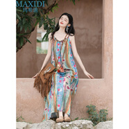 瑪希迪2024夏季新款連衣裙拼色印花旅游度假風(fēng)寬松吊帶裙民族風(fēng)中長(cháng)裙 吊帶裙 S
