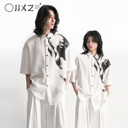 幻象者（HUANXIANGZHE）原創(chuàng  )設計日系不對稱(chēng)寬松無(wú)序印花短袖襯衫男女同款薄襯衣 白色 S