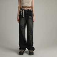 NO ONE ELSE字母破洞牛仔褲女士2025年夏季新品顯瘦長(cháng)褲闊腿褲子 黑色 28