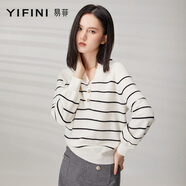 易菲（YIFINI）春新款100%綿羊毛v領(lǐng)毛衣條紋減齡毛針織衫2108M913 白色（羊毛款） 0S
