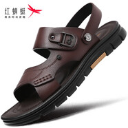 紅蜻蜓 男士涼鞋男軟底沙灘鞋真皮開車涼拖鞋兩用防滑牛皮戶外男鞋夏季 棕色 41