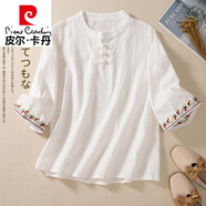 皮爾卡丹（pierre cardin）大號媽i媽夏裝2024新款國風(fēng)上衣民族風(fēng)棉麻亞麻短袖t恤女高端夏季 白色 2XL